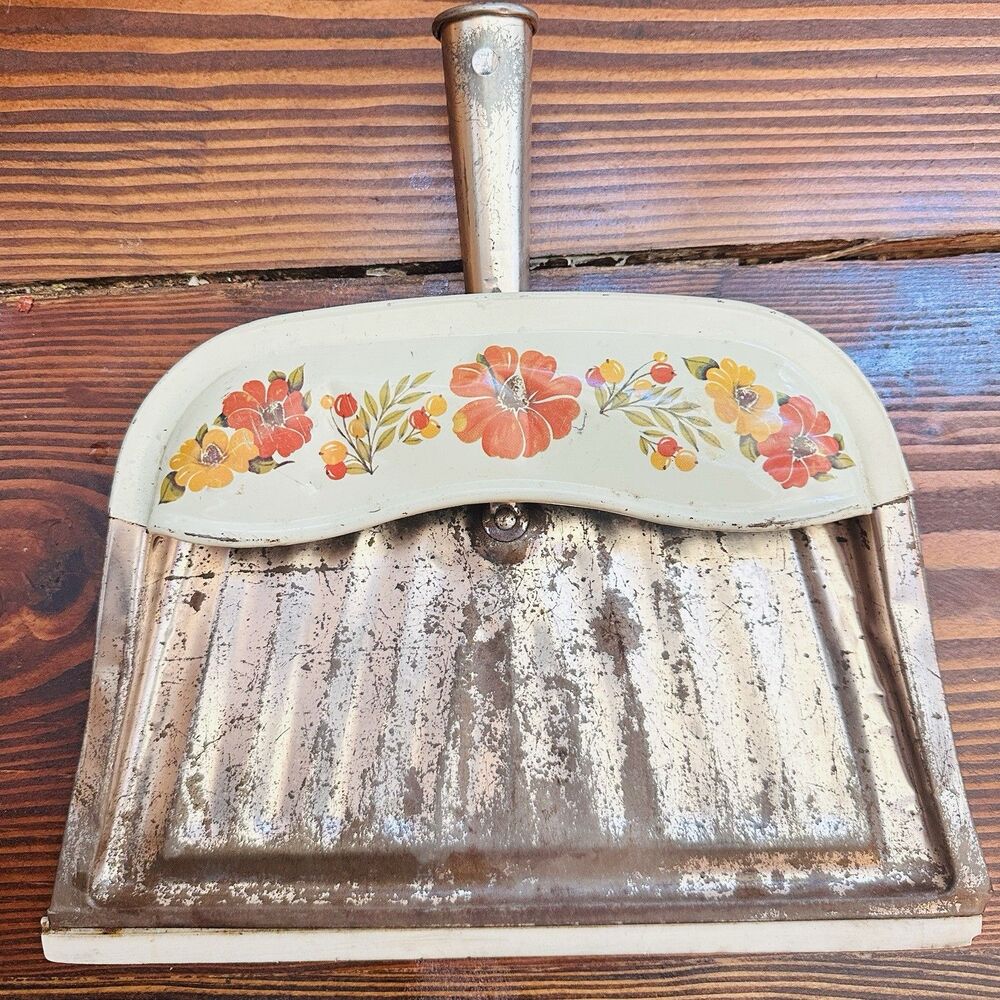MCM J.V. Reed Dust Pan USA Metal Dustpan Vintage Floral 70s Farmhouse Decor
